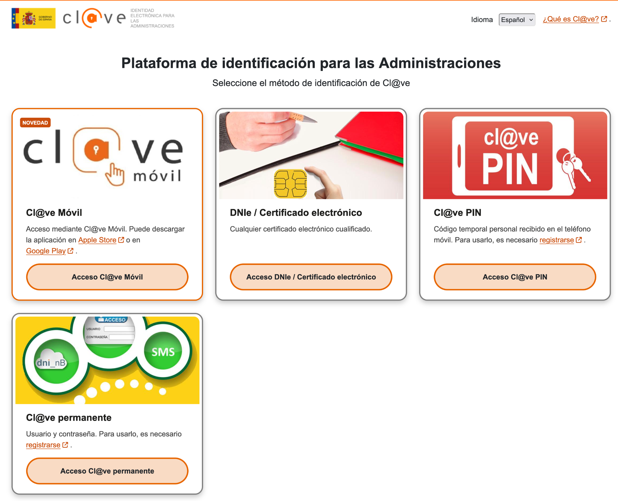 Opciones de identificación en Cl@ve