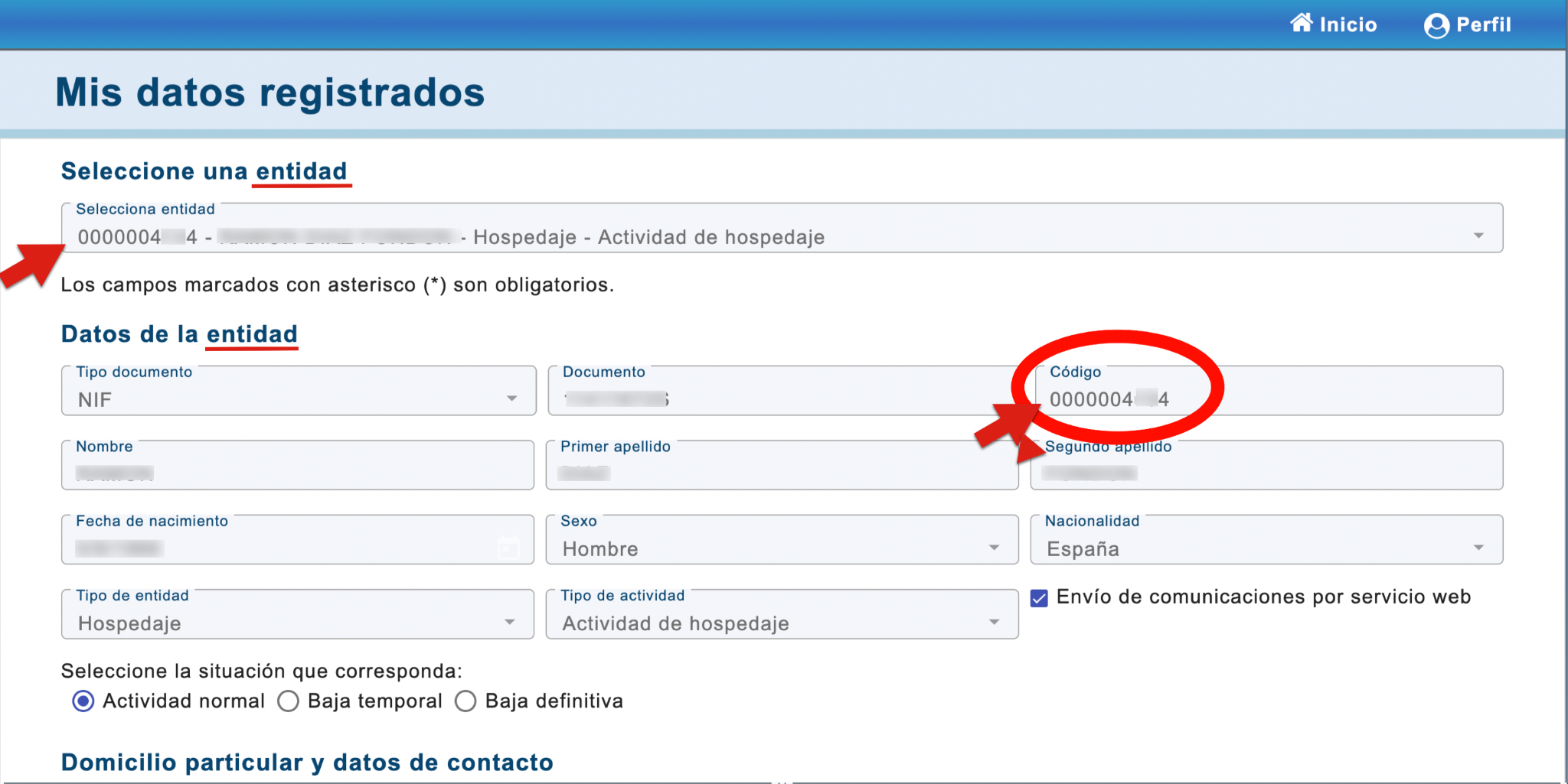 Ubicación del código de entidad en Mis datos registrados